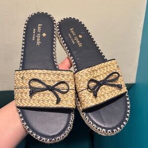 kate spade Navy and Natural Raffia Bow Slide Sandals